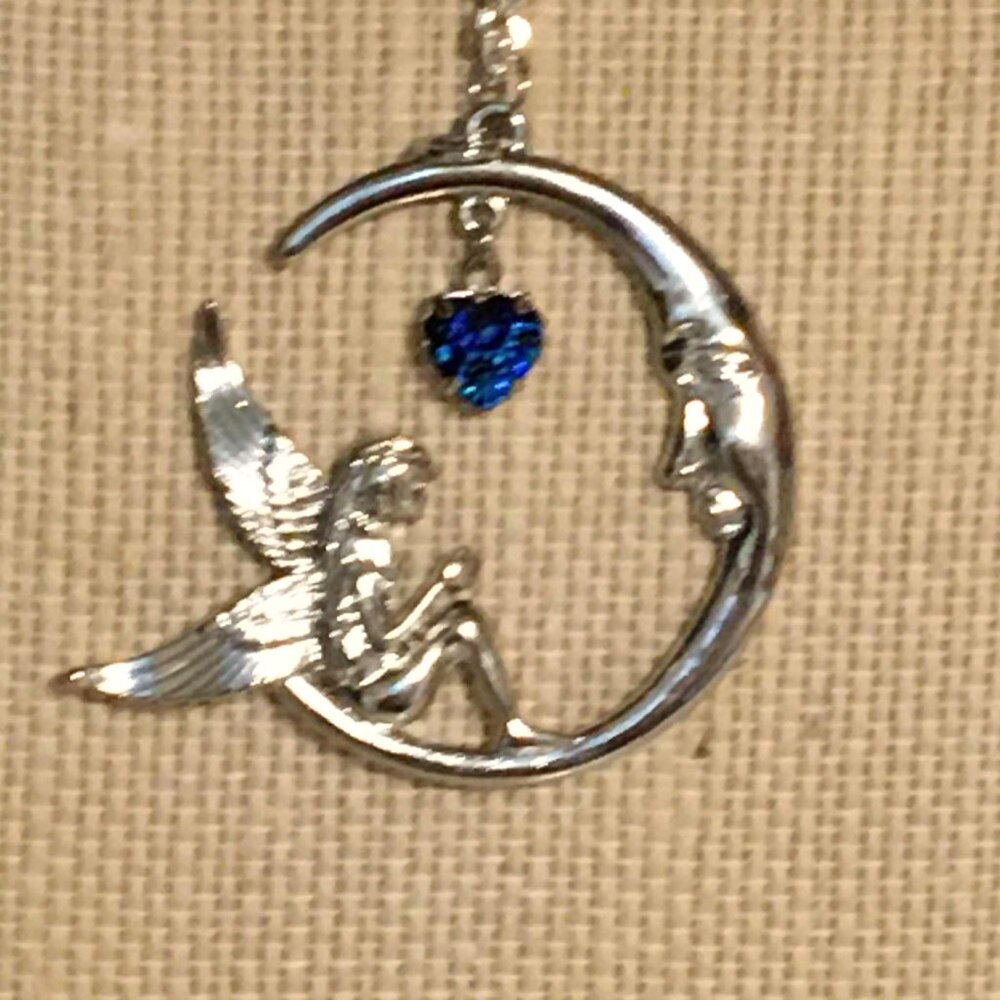 🌙 Fairy & Moon Pendant Necklace – Enchanted Silver with Blue Heart Charm 🌙